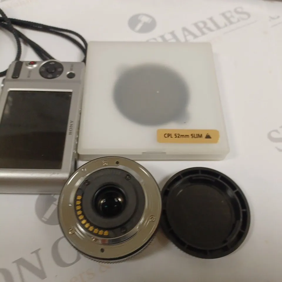 LOT OF ASSORTED CAMERAS AND ACCESSORIES TO INCLUDE SONY CYBERSHOT DSC-W800 AND PANASONIC LUMIX H-H014A LENS