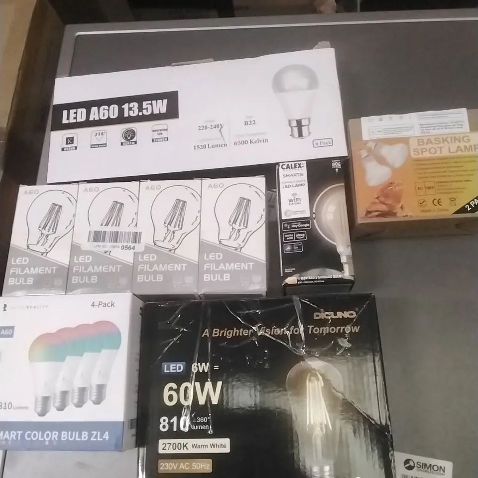 A PALLET CONTAINING A LARGE QUANTITY OF LIGHTS WHICH INCLUDE; BASKING SPOT LAMP, SMART COLOUR BULB, LED LIGHTS ETC