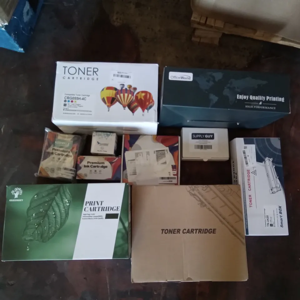 PALLET OF ASSORTED ITEMS INCLUDING TONER CARTRIDGE, KEENKLE PREMIUM INK CARTRIDGE, GREENSKY PRINT CARTRIDGE, SUPPLY GUY 5 INK CARTRIDGES, OFFICEWORLD