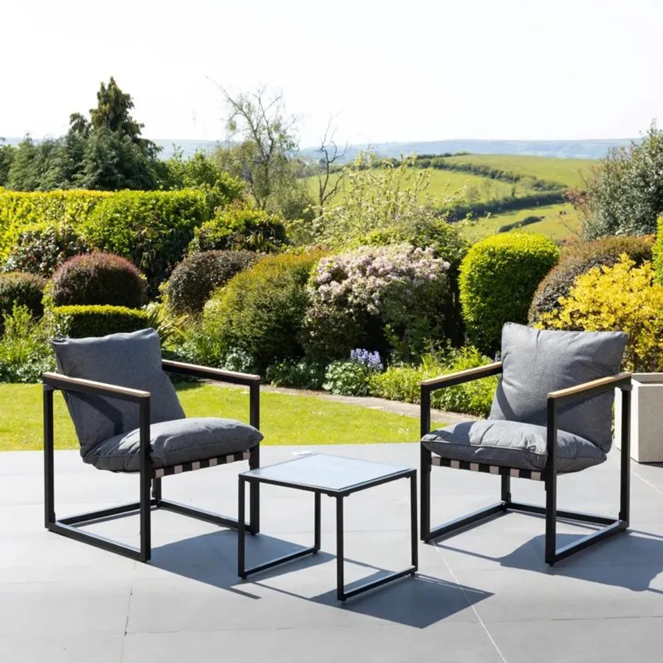 BOXED 17 STORIES BOSQUE BLACK & GREY GARDEN LOUNGE SET - 2 x CHAIRS + TABLE (1 BOX)
