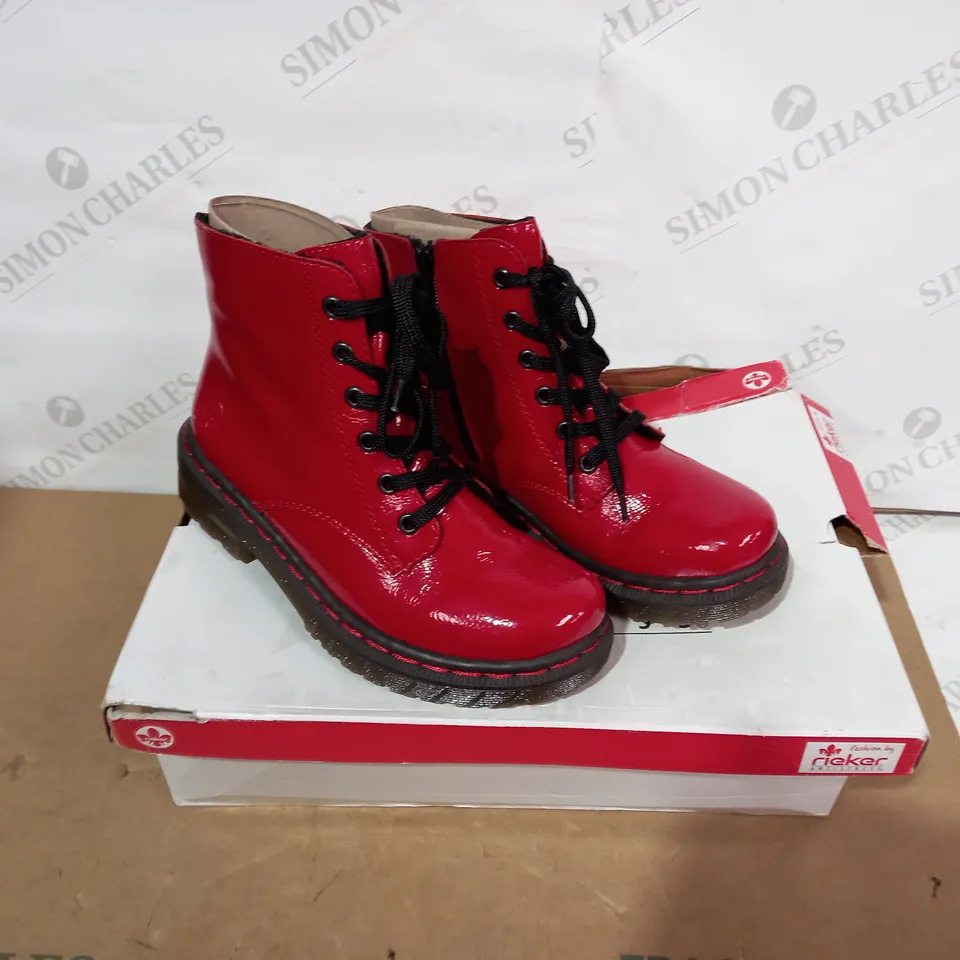 BOXED PAIR OF RIEKER RED BOOTS- SIZE 36