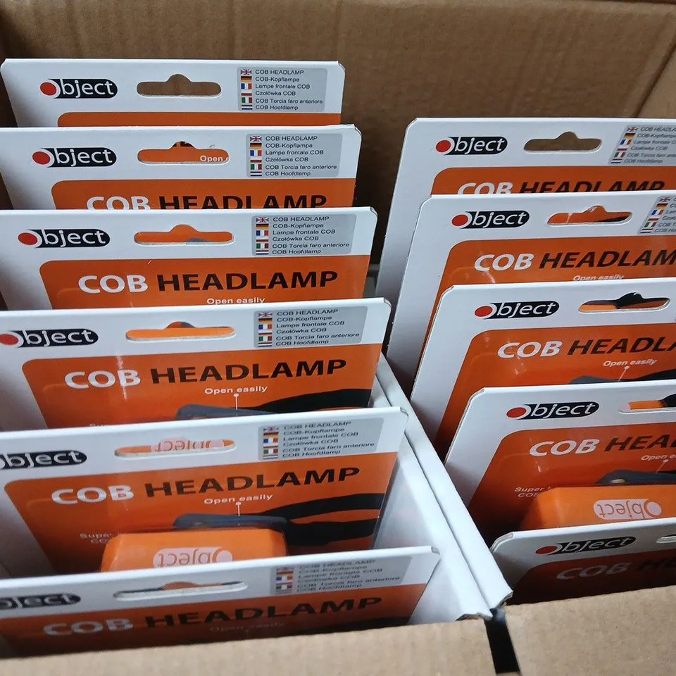 BOX OF APPROXIMATELY 24 PACKS OF OBJECT COB HEADLAMPS IN VARIOUS COLOURS (3 PER PACK)