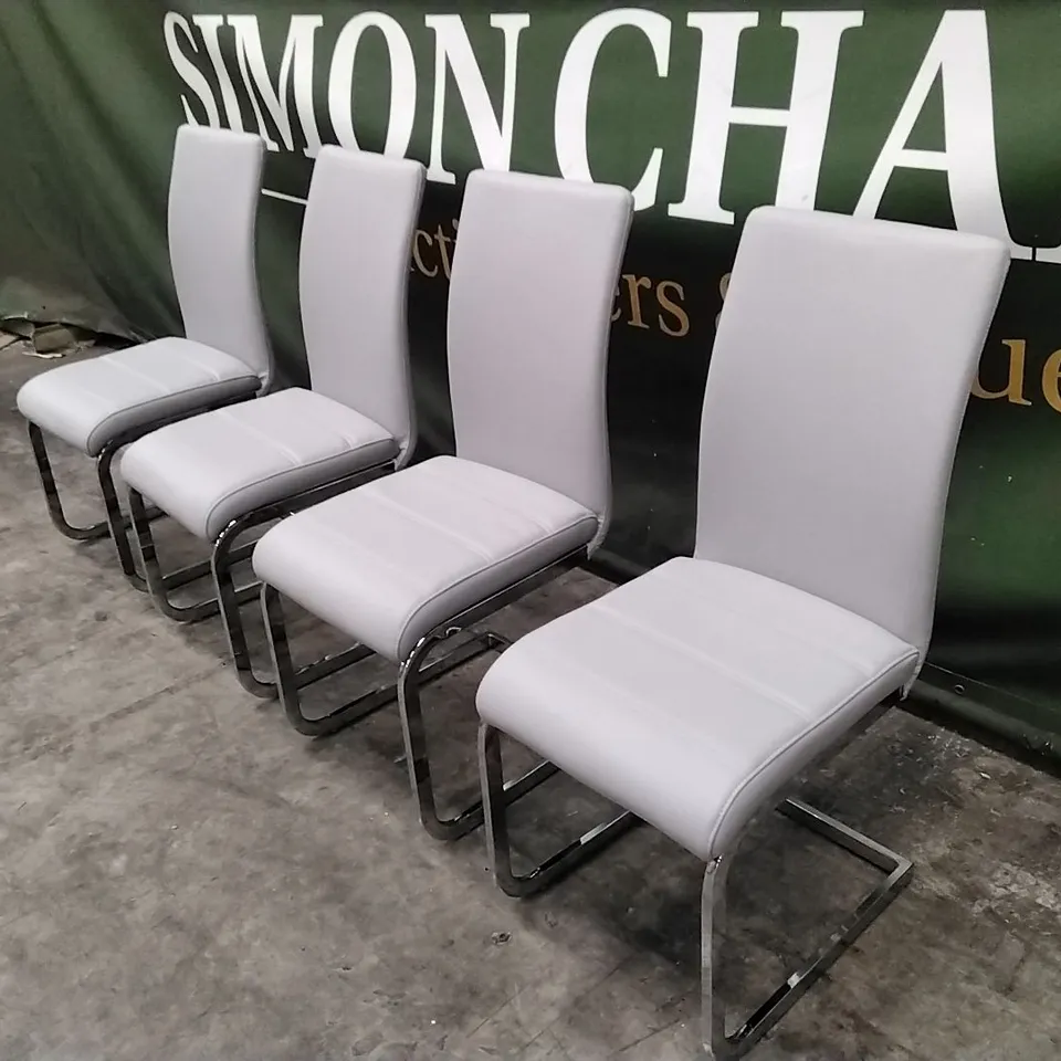 SET OF 4 DESIGNER PERTH DINING CHAIRS IN LIGHT GREY PREMIUM FAUX LEATHER & CHROME LEGS