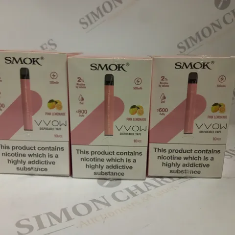 3 X BOXED & SEALED (10 DISPOSABLES PER BOX) SMOK DISPOSABLE VAPES - PINK LEMONADE