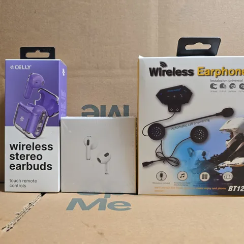 APPROXIMATELY 10 ASSORTED HOUSEHOLD ITEMS TO INCLUDE WIRELESS EARPHONES, STEREO EARBUDS, ETC