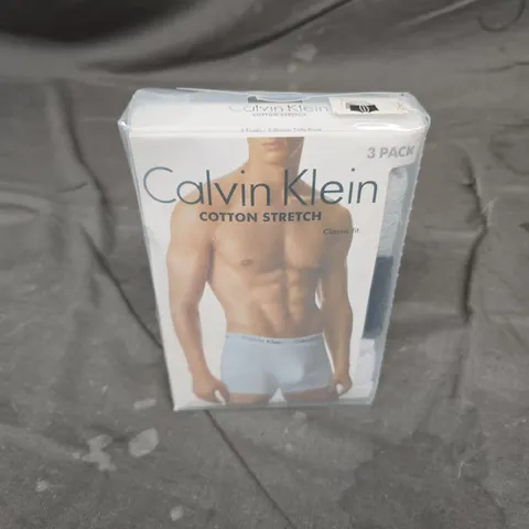 CALVIN KLEIN COTTON STRETCH TRUNK UNDERWEAR – 3 PACK, SIZE S, BLACK/WHITE/GREY HEATHER