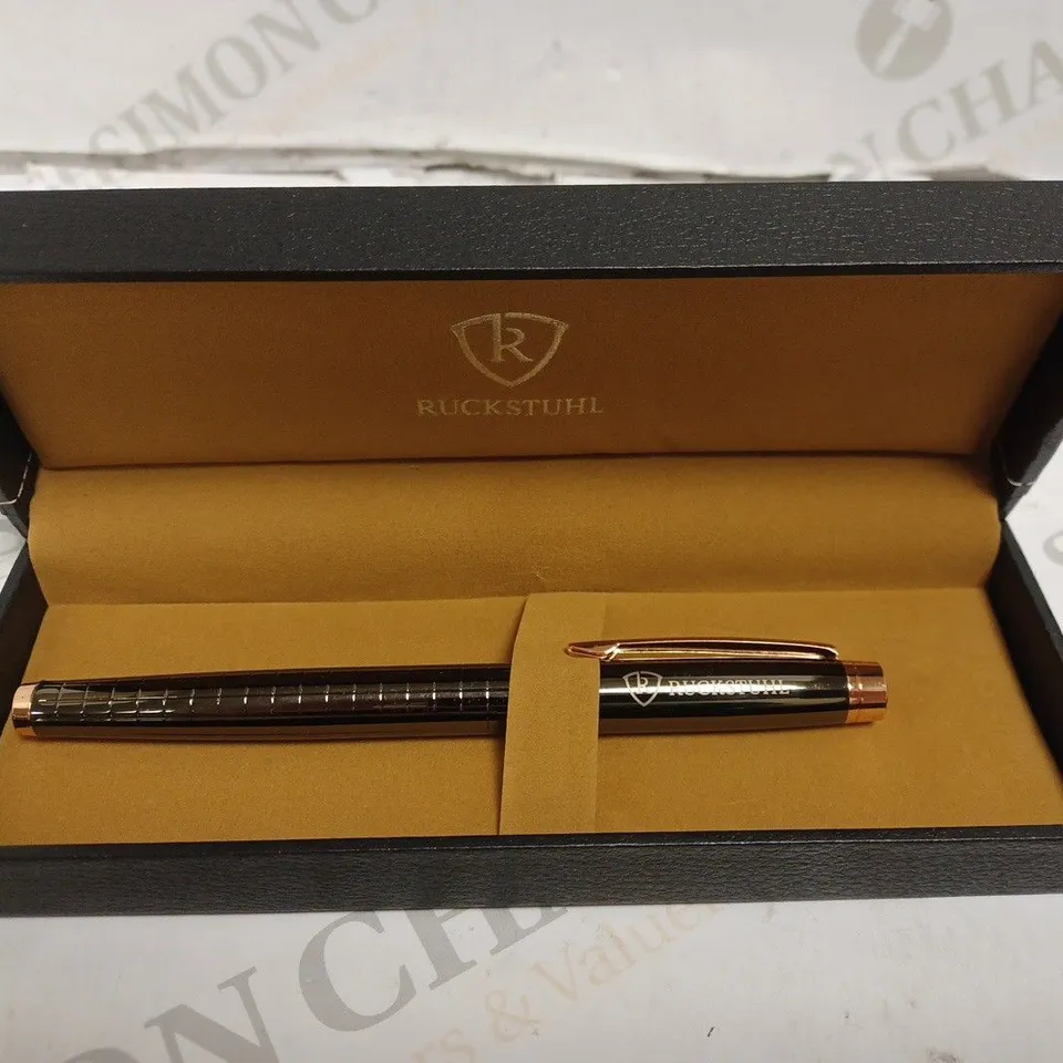 RUCKSTUHL STAINLESS STEEL LUXURY PEN IN GIFT BOX – BLACK & ROSE GOLD COLOUR CASE - HAND ASSEMBLED RUCKSTUHL STAINLESS STEEL LUXURY PEN IN GIFT BOX – BLACK & ROSE GOLD COLOUR CASE - HAND ASSEMBLED 