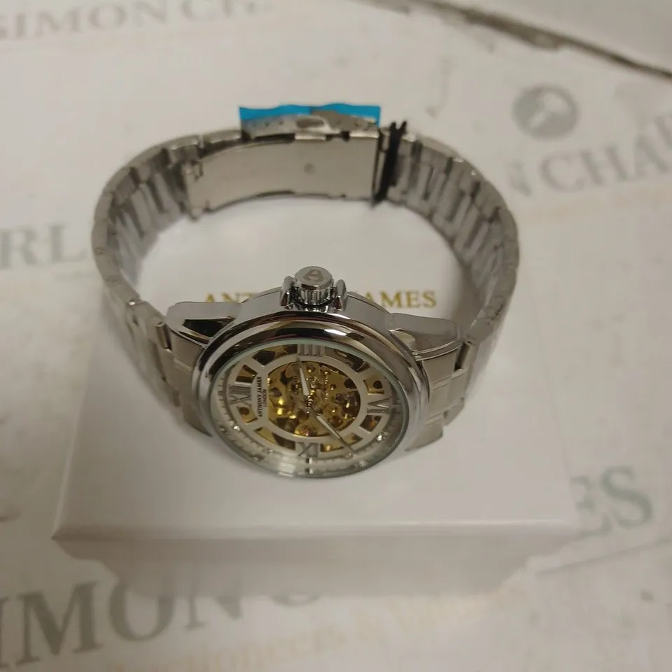 BOXED ANTHONY JAMES GENTS LIMITED EDITION SKELETON AUTOMATIC  STAINLESS STEEL WATCH - WATER RESISTANT. 