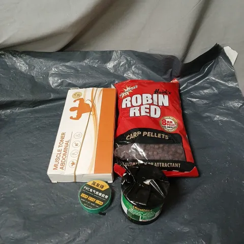 APPROXIMATELY 15 ASSORTED ITEMS TO INCLUDE CARP PELLETS, MUSCLE TONER, GLOSS PAINT, INSULATING TAPE ETC