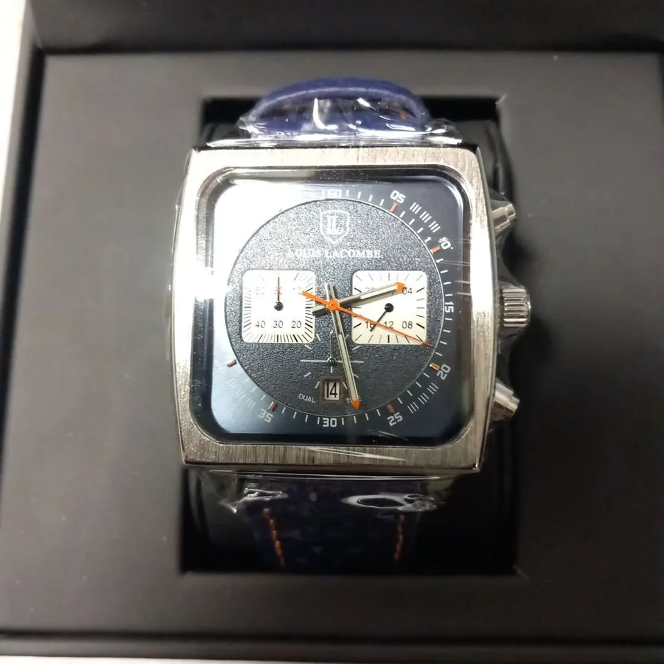 BOXED LOUIS LACOMBE STAINLESS STEEL FRAMED WRIST WATCH WITH BLUE STRAPS