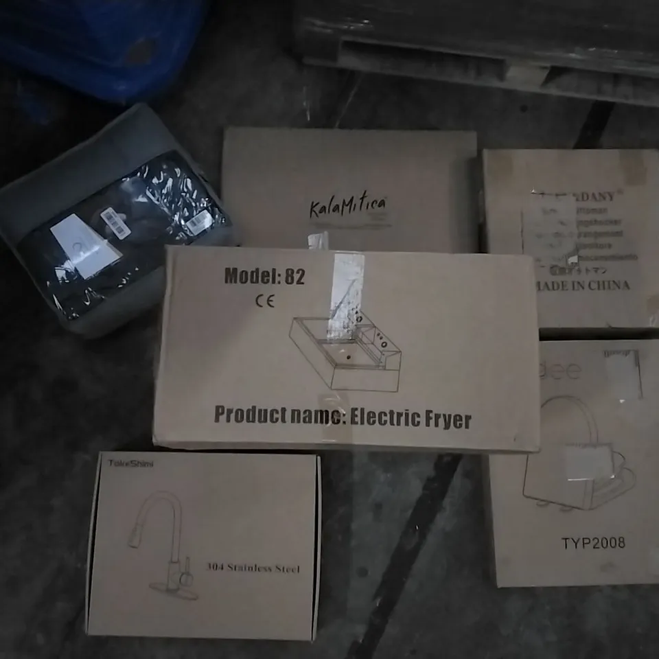 PALLET OF ASSORTED ITEMS INCLUDING SUNDEE TOILET SEAT, TOKESHIMI KITCHEN FAUCET, ELECTRIC FRYER, STORAGE OTTOMAN, KALAMITICA MAGNETIC SYSTEM, SIMDER MIG WELDER 