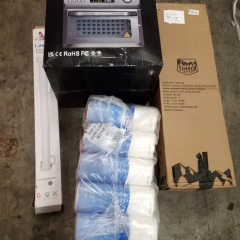 PALLET OF ASSORTED PRODUCTS INCLUDING AIR FRYER OVEN, FOLDING CHAIR, RETRACTABLE SAFETY GATE, KITCHEN ROLL