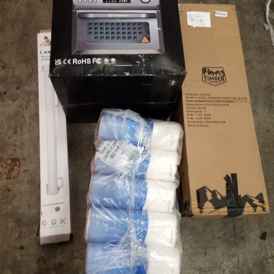 PALLET OF ASSORTED PRODUCTS INCLUDING AIR FRYER OVEN, FOLDING CHAIR, RETRACTABLE SAFETY GATE, KITCHEN ROLL