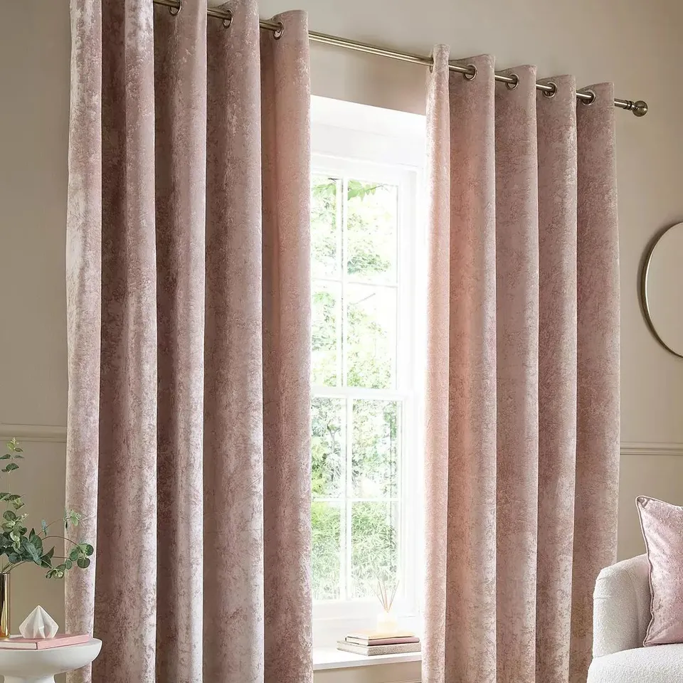 CATHERINE LANSFIELD CRUSHED VELVET EYELET CURTAINS PINK 46 X 90"