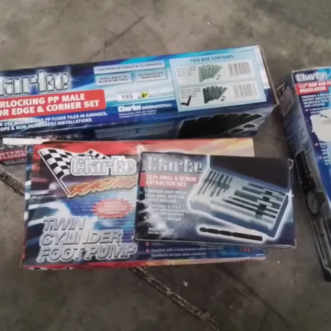 BOX OF ASSORTED ITEMS TO INCLUDE;CLARKE 12PC DRILL AND SCREW SET,CLARKE AIR FILTER REGULATOR,CLARKE TWIN CYLINDER FOOT PUMP,ETC