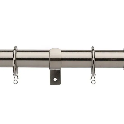 BRAND NEW BOXED SET OF 2 CURTAIN POLES, 16/19 180-320 / BARREL FINIAL SATIN STEEL - UN1619180STUD SS (1 BOX)