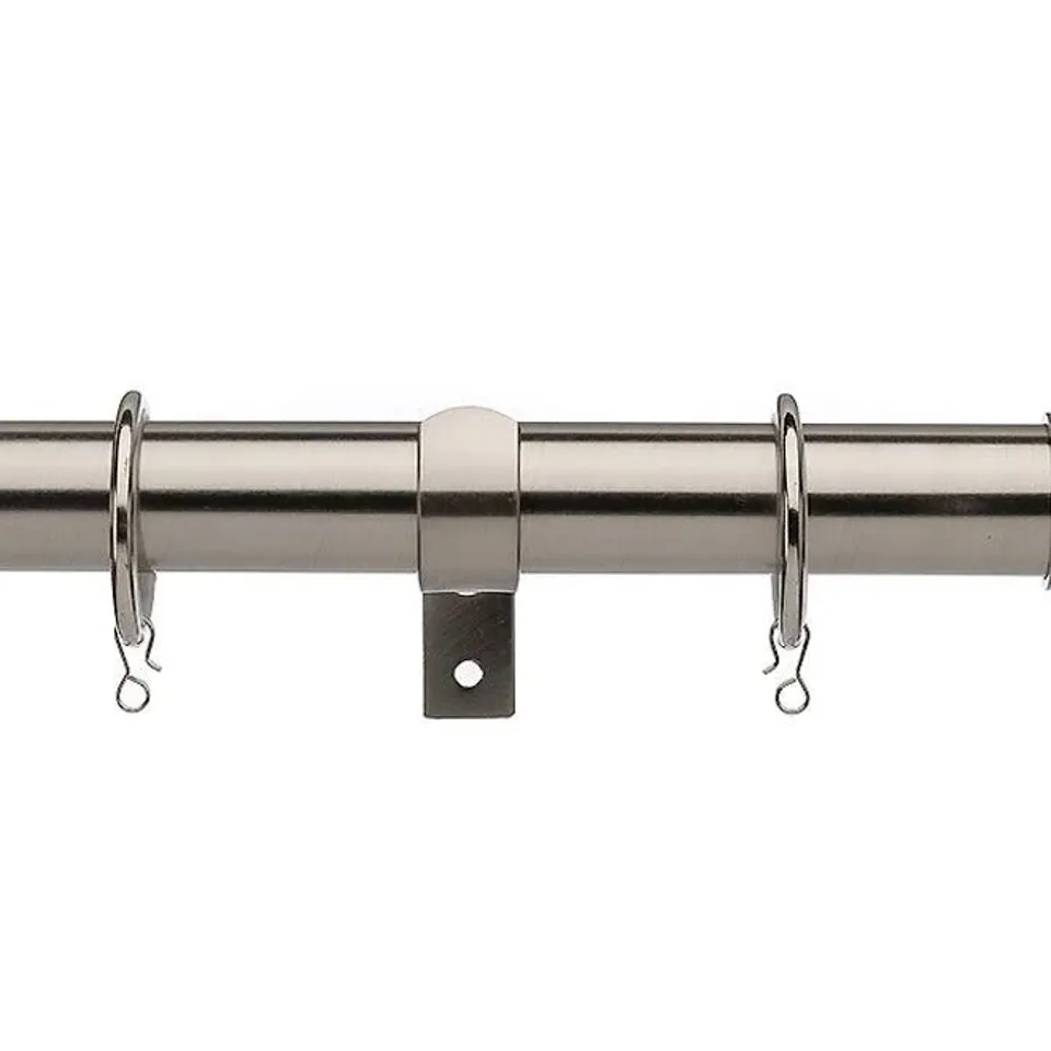 BRAND NEW BOXED SET OF 2 CURTAIN POLES, 16/19 180-320 / BARREL FINIAL SATIN STEEL - UN1619180STUD SS (1 BOX)