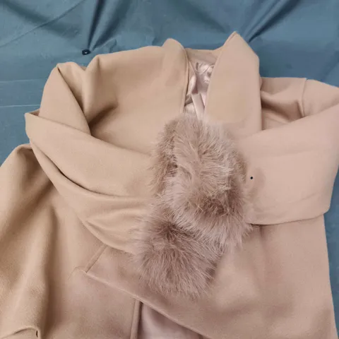 SOERA BEIGE COAT WITH FAUX FUR POM-POM TRIM – SIZE S