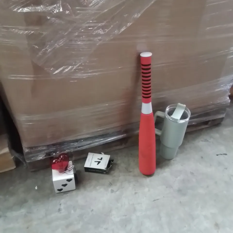PALLET CONTAINING A LARGE QUANTITY OF ASSORTED HOUSEHOLD PRODUCTS AND ITEMS TO INCLUDE;KIDS BASEBALL BAT,TUMBLER,LOVE HEART LED LIGHT,EARPHONES 