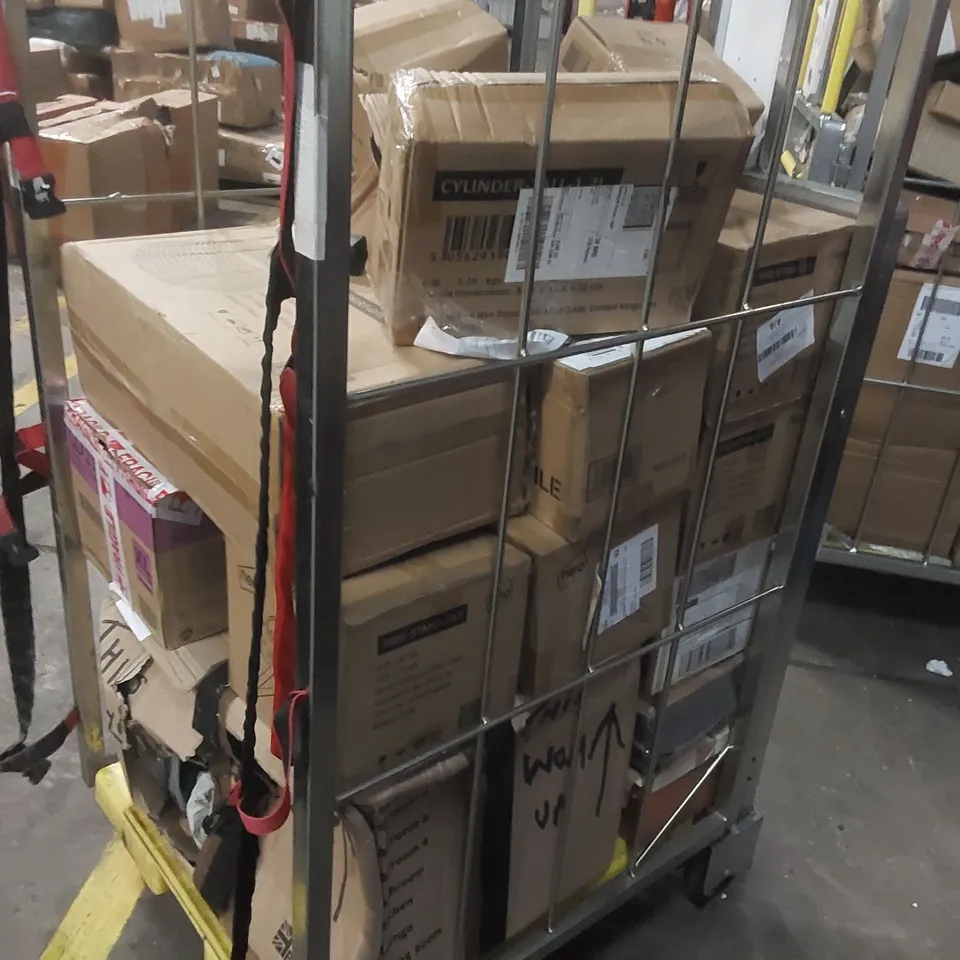 CAGE CONTAINING A LARGE QUANTITY OF ASSORTED NEO ITEMS INCLUDING: FAN,  STORAGE CONTAINER SET, EGG COOKERS, CHRISTMAS TREE DECORATIONS ECT // CAGE NOT INCLUDED