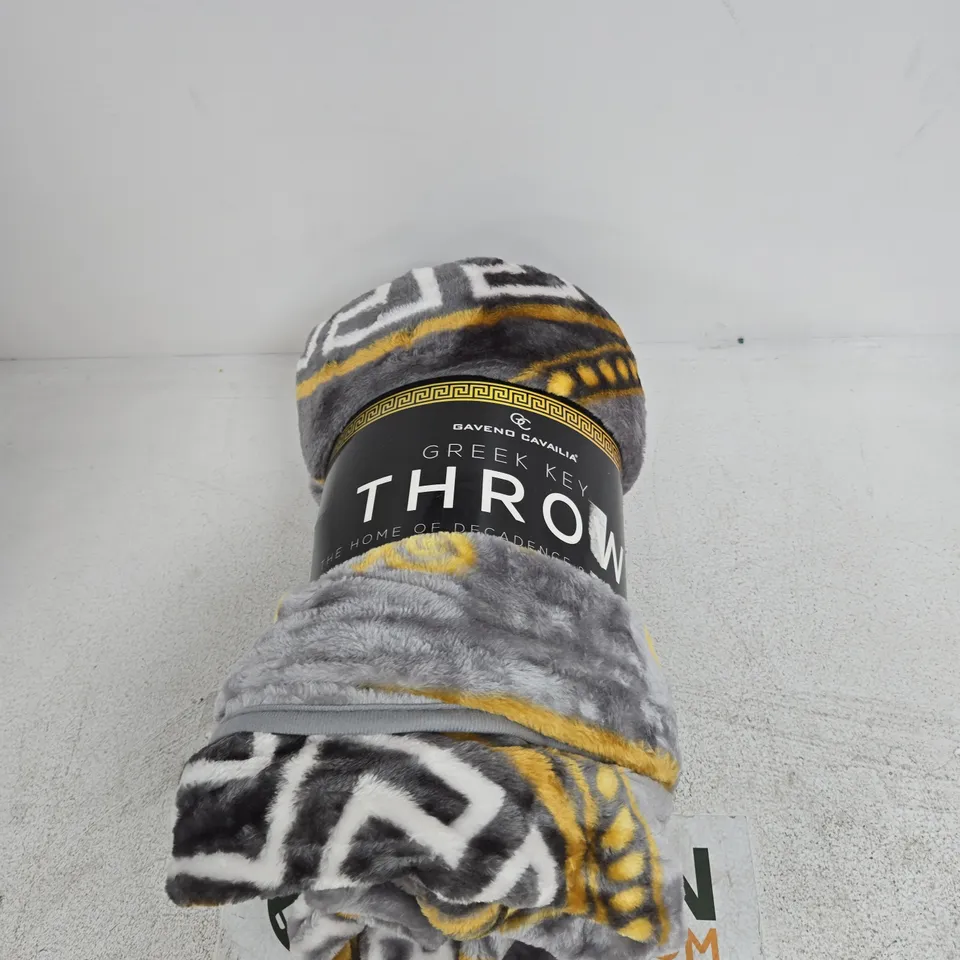 GREEK KEY THROW BLANKET – GREY/BLACK WITH YELLOW ACCENTS GAVEND CAVALIA