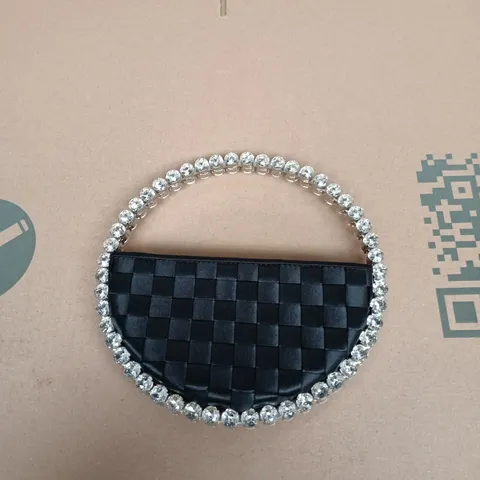LALINGI BLACK WOVEN EVENING CLUTCH WITH DIAMOND CIRCULAR HANDLE