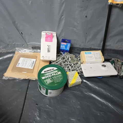 APPROXIMATELY 15 ASSORTED HOUSEHOLD ITEMS TO INCLUDE BP-A MOUNTING PLATE, WOOD FILLER, ZINC PLATED STEEL CHAIN, ETC