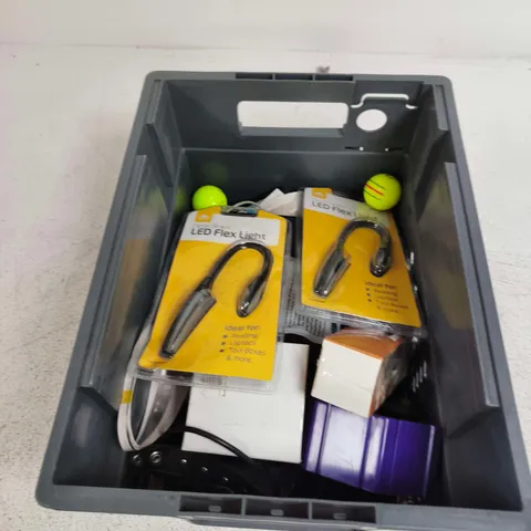 TOTE OF APPROXIMATELY 10 ASSORTED ITEMS TO INCLUDE: LED FLEX LIGHT