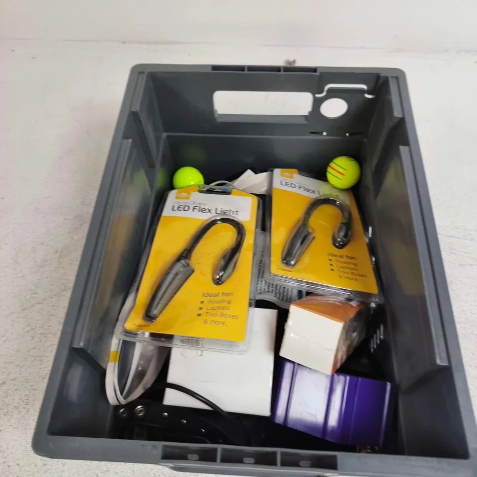 TOTE OF APPROXIMATELY 10 ASSORTED ITEMS TO INCLUDE: LED FLEX LIGHT