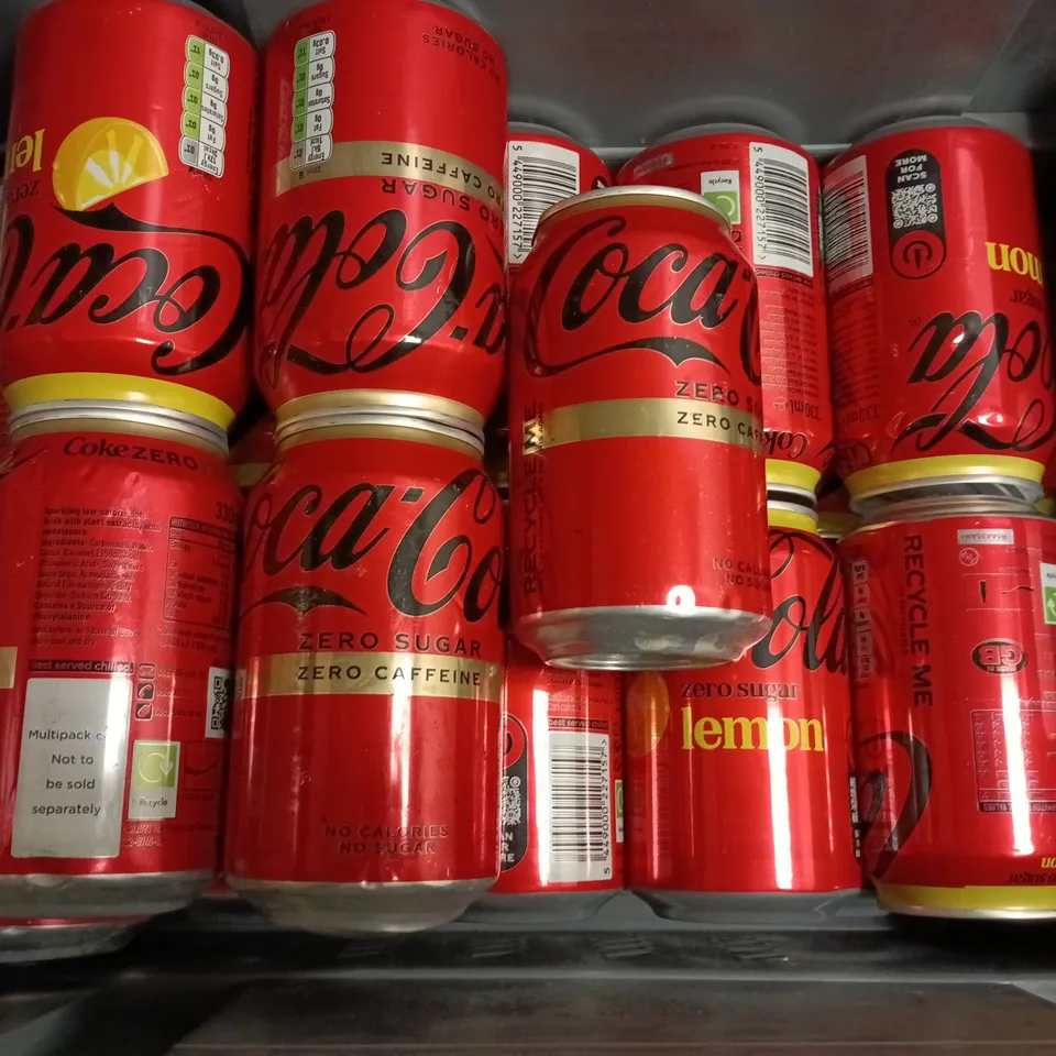 APPROXIMATELY 26 COCA COLA ZERO SUGAR CANS TO INCLUDE LEMON FLAVOUR & ZERO CAFFEINE