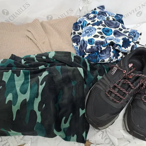 BOX OF APPROXIMATELY 10 ASSORTED ITEMS TO INCLUDE SHOES, PJ BOTTOMS, TOPS ETC