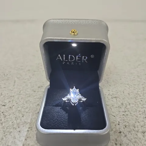 ALDER PARIS DIAMOND RING IN WHITE GOLD TONE – CENTRAL DIAMOND WITH SIDE STONES