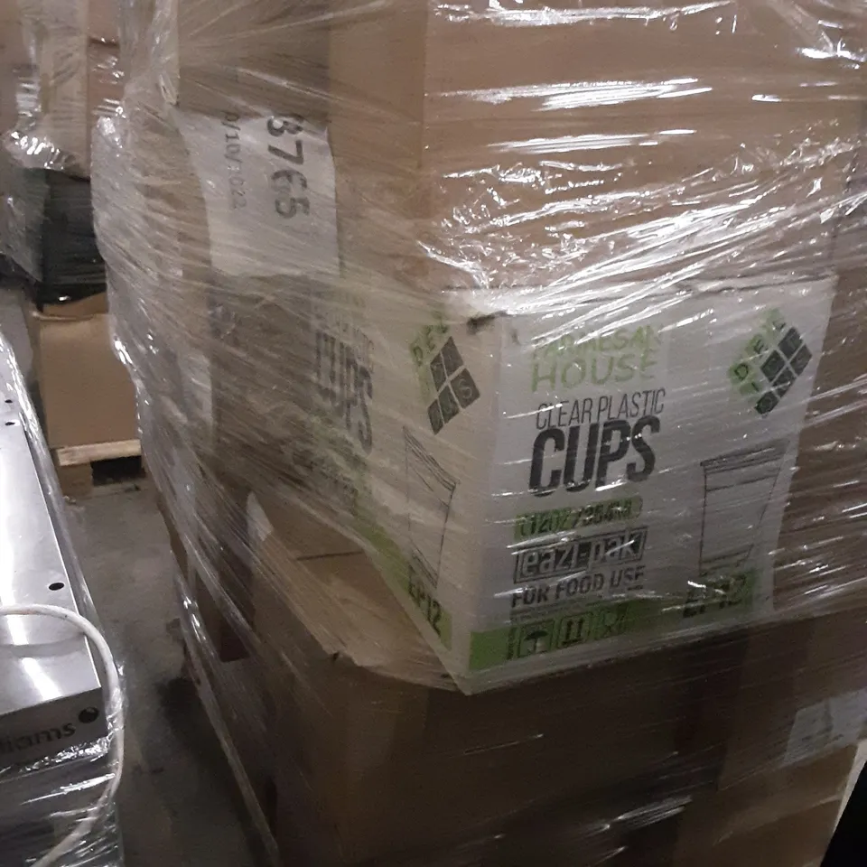 PALLET OF ASSORTED PRODUCTS INCLUDING DOME LID FOR PET CUPS 12/16OZ, PARMESAN HOUSE CLEAR PLASTIC CUPS 12OZ, MR T FLOWER BOWL  