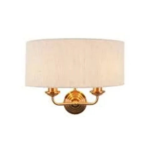 BOXED ENDON HIGHCLERE 2 LIGHT WALL LIGHT VINTAGE BRASS & NATURAL LINEN SHADE