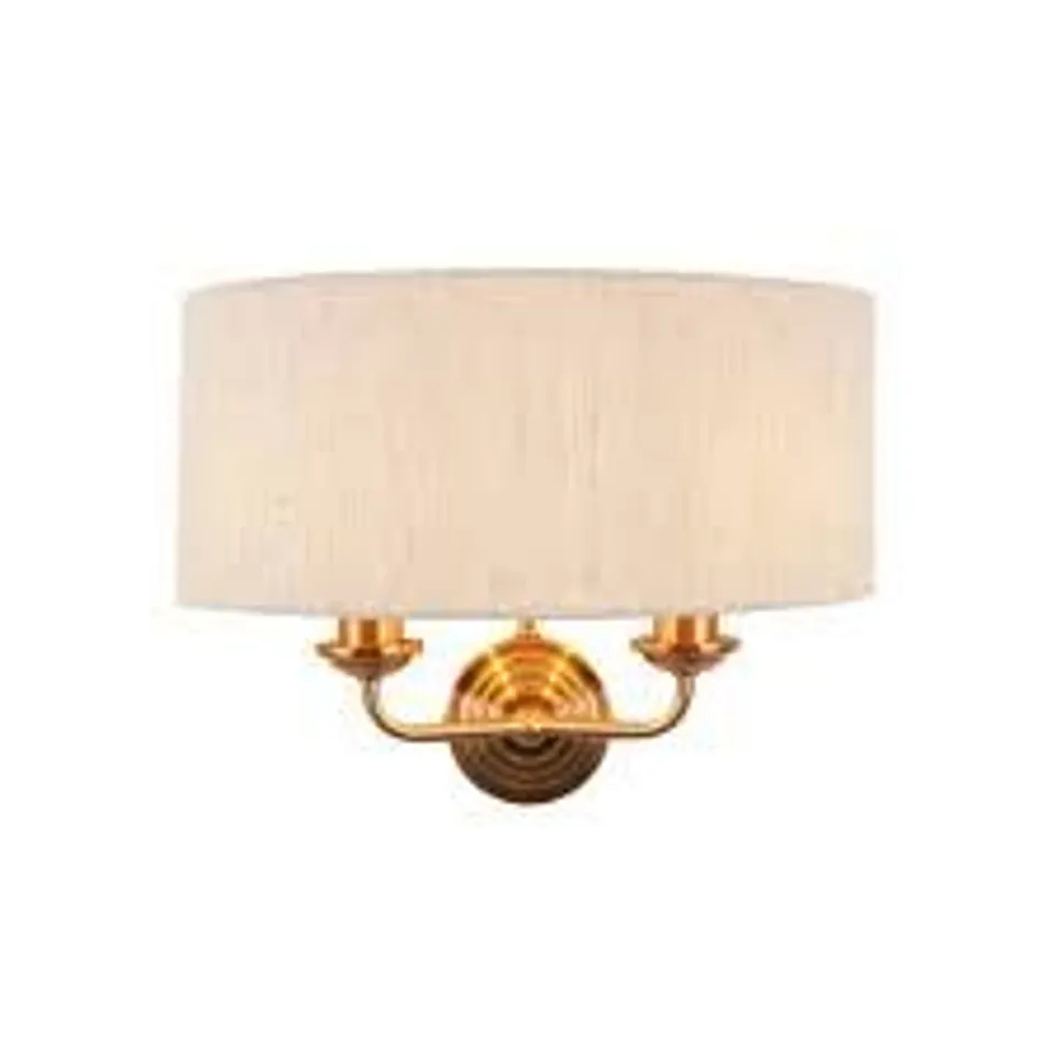BOXED ENDON HIGHCLERE 2 LIGHT WALL LIGHT VINTAGE BRASS & NATURAL LINEN SHADE