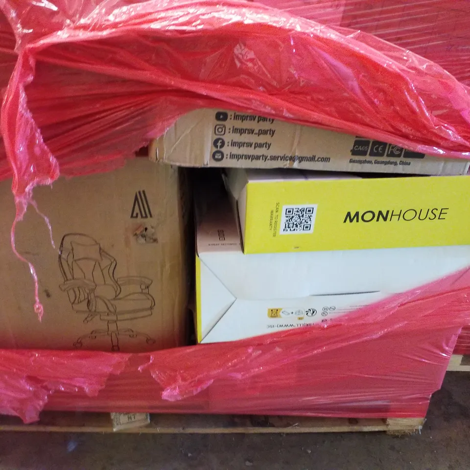 PALLET CONTAINING ASSORTED PRODUCTS INCLUDING OFFICE CHAIR, HEATED THROW & BLADELESS AIR PURIFIER 
