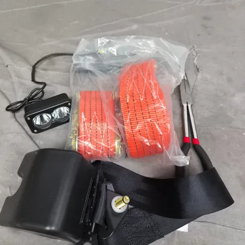 APPROXIMATELY 10 ASSORTED VEHICLE PARTS AND ACCESSORIES TO INCLUDE SEATBELT UNIT, LONG NOSE PLIERS, LIGHT UNIT ETC
