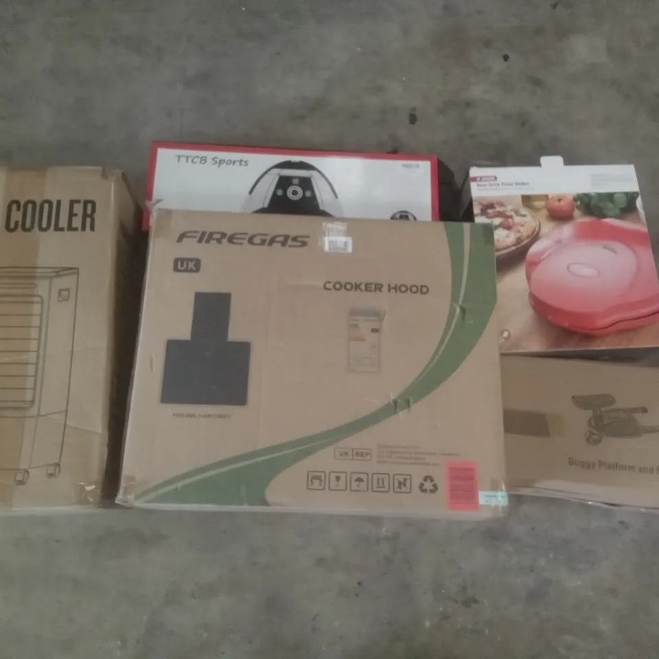 PALLET OF ASSORTED ITEMS INCLUDING BUGGY PLATFORM AND SEAT, JUDGE NON-STICK PIZZA MAKER, FIREGAS COOKER HOOD, AIR COOLER, GOLF TRAINING NET, IV & PHLEBOTOMY TRAINING KIT