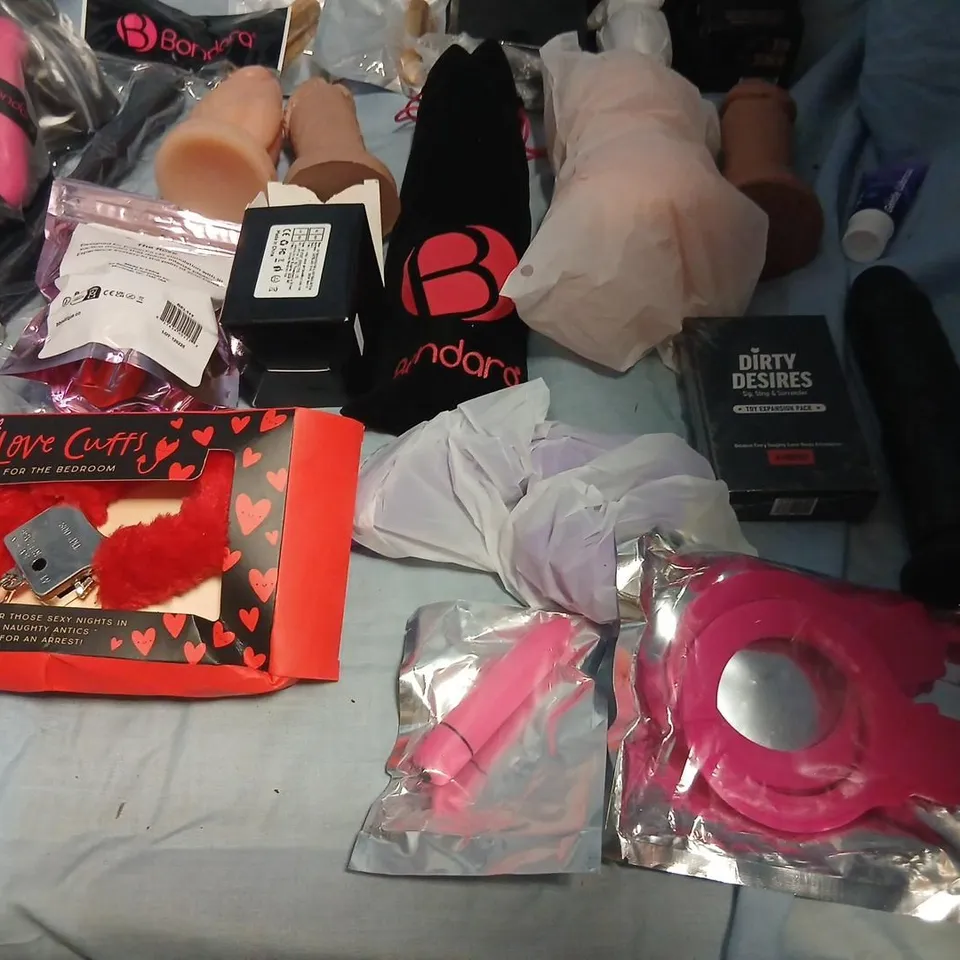 LARGE QUANTITY OF ASSORTED SEX PRODUCTS TO INCLUDE; BONDARA SEX TOY ASSORTMENT – BONDAGE CUFFS, DILDOS AND ACCESSORIES (NSFW)