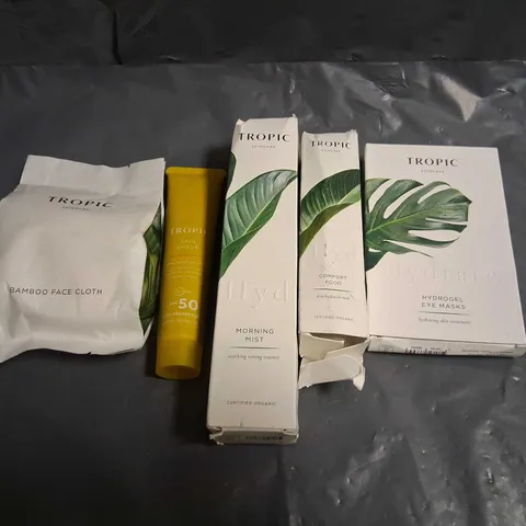 FIVE ASSORTED TROPIC COSMETICS PRODUCTS TO INCLUDE; BAMBOO FACE CLOTH, HYDROGEL EYE MASKS, MORNING MIST, COMFORT FOOD AND SKIN SHADE