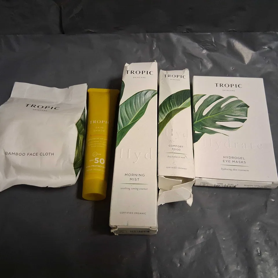FIVE ASSORTED TROPIC COSMETICS PRODUCTS TO INCLUDE; BAMBOO FACE CLOTH, HYDROGEL EYE MASKS, MORNING MIST, COMFORT FOOD AND SKIN SHADE
