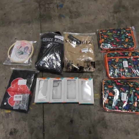 PALLET TO CONTAIN ASSORTED HOUSEHOLD ITEMS AND CONSUMER PRODUCTS. INCLUDING CLOTHES, COSTUME, KIDS LUNCH BAGS, PHONE CASES, CRAFT ITEMS ETC