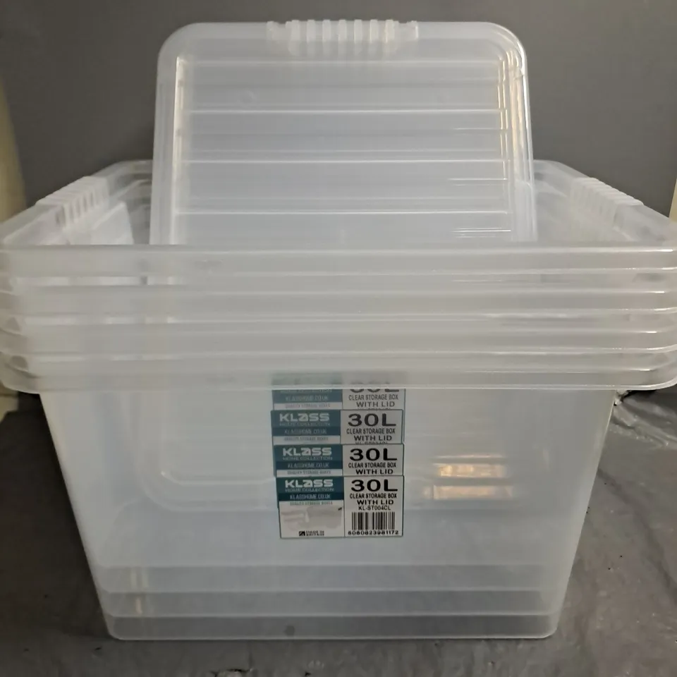 LOT OF 4 KLASS 30L CLEAR STORAGE BOX WITH LIDS