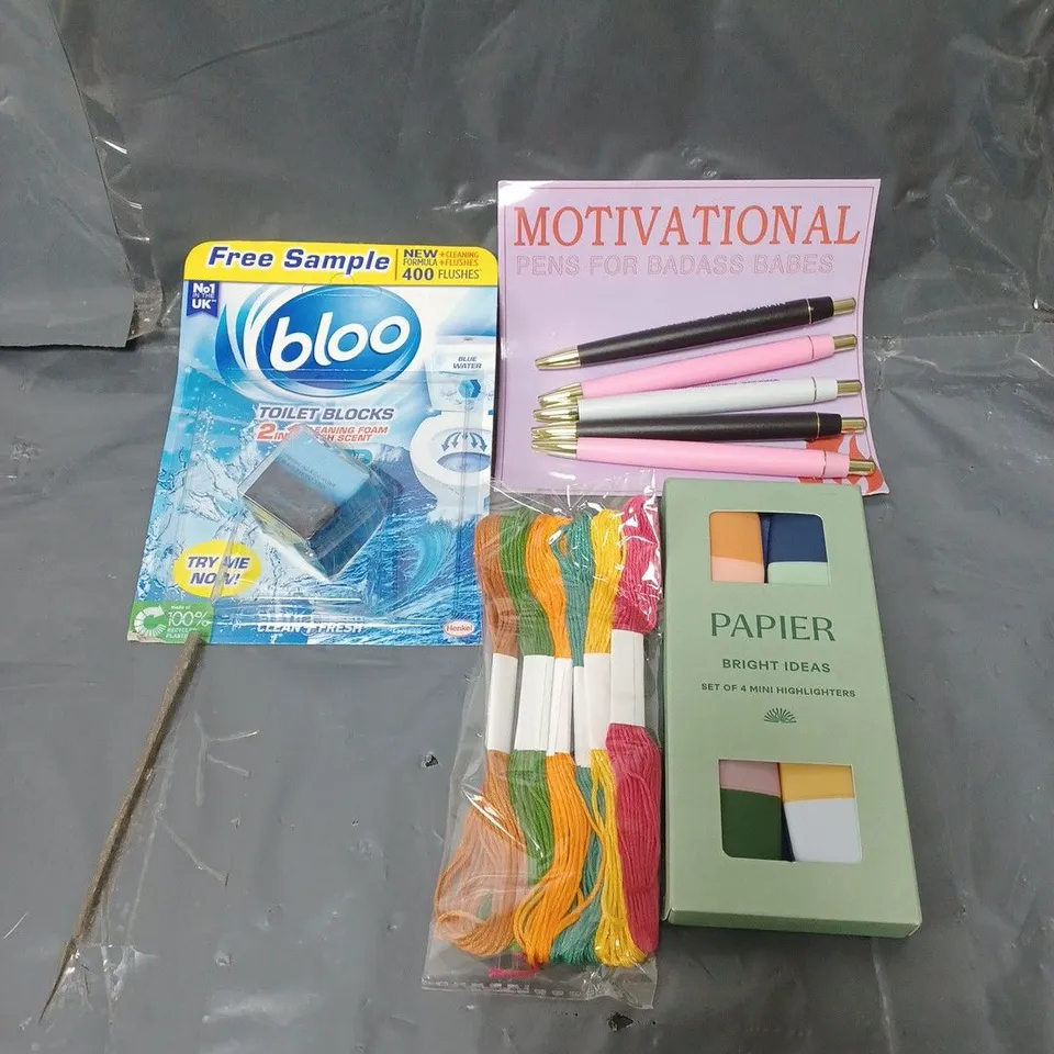 BOX OF APPROXIMATELY 20 ASSORTED HOUSEHOLD ITEMS TO INCLUDE TOILET BLOCK, STATIONARY AND HIGHLIGHTER PENS