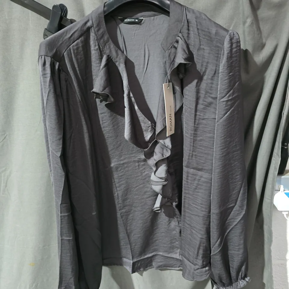 ROMAN WOMEN'S BLOUSE – UK SIZE 16, DARK GREY WITH RUFFLE FRONT