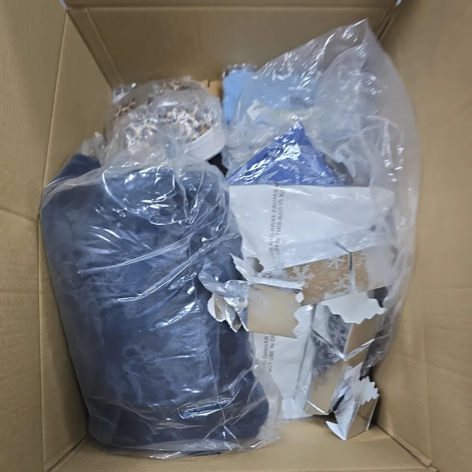 LARGE BOX OF ASSORTED ITEMS TO INCLUDE CLOTHING , SOAPS AND BRAS