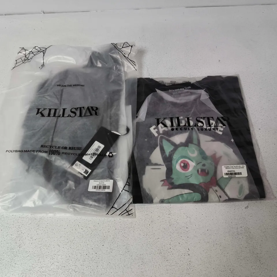 LOT OF APPROXIMATELY 60 BRAND NEW KILLSTAR CLOTHING ITEMS TO INCLUDE FANGSLEY CROP TOPS AND PRINCE OF BEAST BRIEFS - VARIOU SIZES