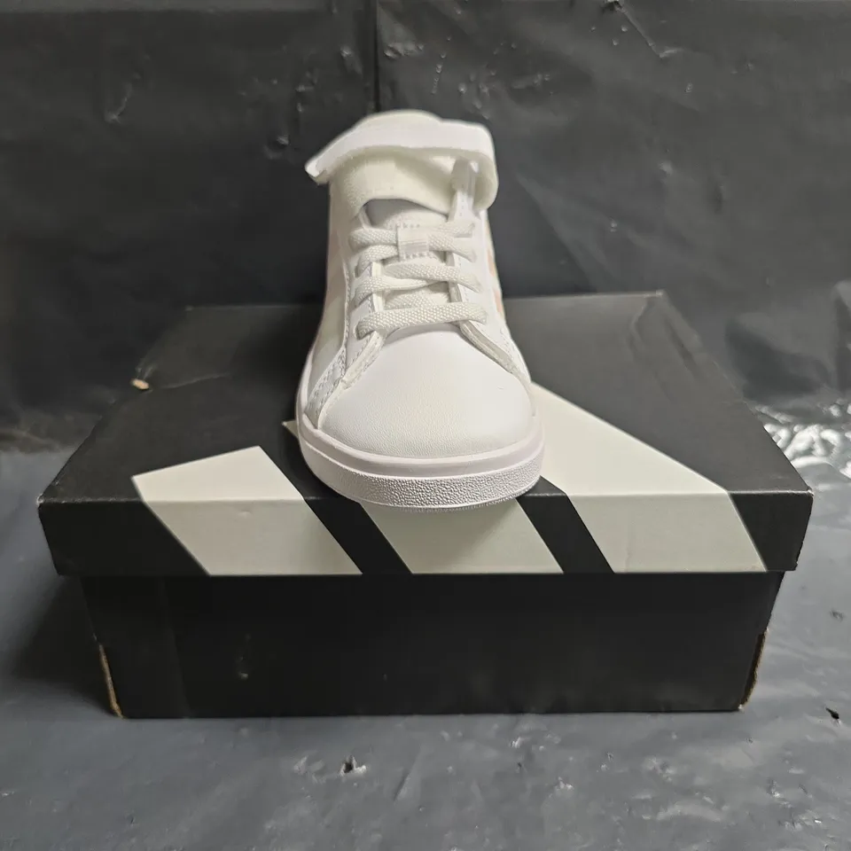 BOXED PAIR OF ADIDAS GRAND COURT 2.0 KIDS SHOES IN WHITE/PRISMATIC SIZE UK 11