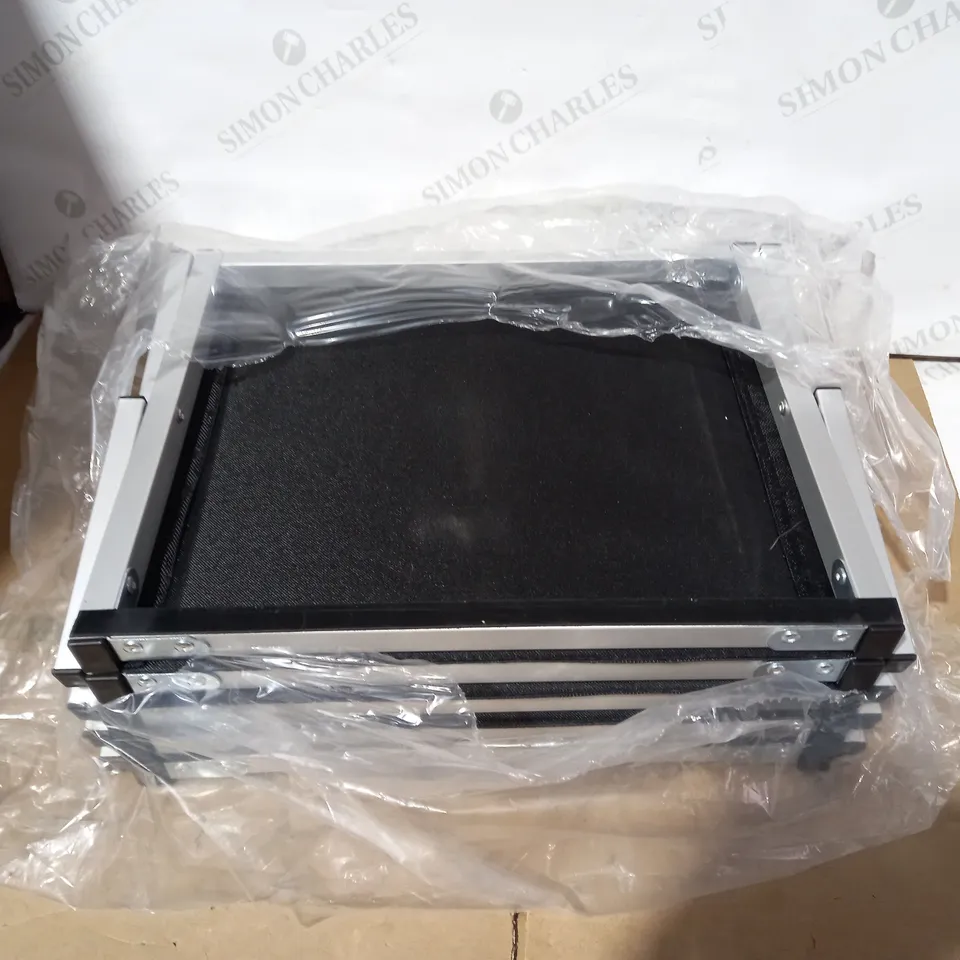 BOXED DESIGNER GREY METAL/BLACK FABRIC FOLD OUT SHELVING UNIT