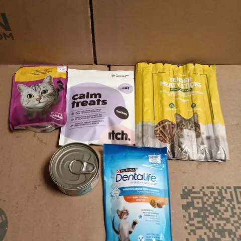 APPROXIMATELY 15 ASSORTED CAT FOOD PRODUCTS TO INCLUDE TREATS, STICKS, MEAL CANS ETC 